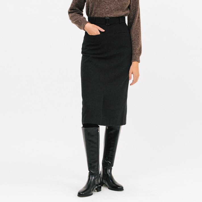 belted wool H-line skirt_black